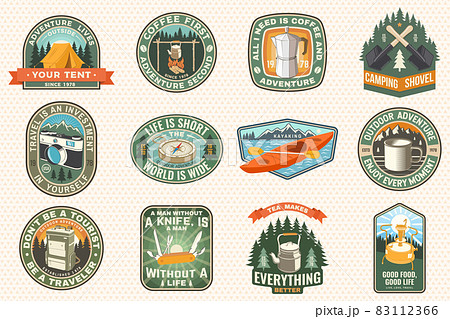Summer camp with design elements. Vector illustration. Camping and outdoor adventure emblems. Typography design with retro camping tea kettle, pocket knife, camping tent, mug and forest silhouette. Summer camp with design elements. Vector illustration. Camping and outdoor adventure emblems. Typography design with retro camping tea kettle, pocket knife, camping tent, mug and forest silhouette. 83112366