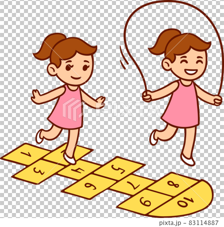 Cute little girl playing hopscotch and jumping rope 83114887