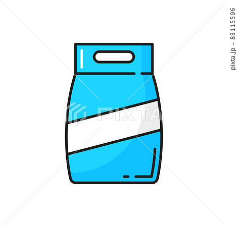Washing powder in blue foil or plastic package isolated color line icon. Vector food snack pouch with handles. Clothes wash detergent, liquid soap. Package of washing powder, tea or coffee bag 83115596