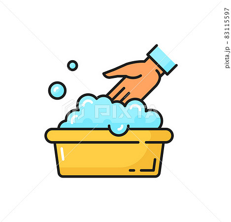 Hand wash sign isolated color line icon. Vector washbowl with foam bubbles, information emblem. Not machine washable symbol, washing at 30 degrees only. Laundry wash and water drops, human palm 83115597