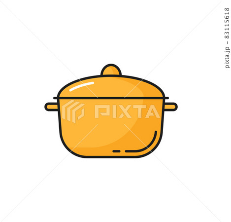 Saucepan, yellow kitchenware cooking pot isolated line icon. Vector metal large dishware object to boil water, prepare soup, stew food on steam. Stainless steel chef saucepan cookware item, casserole 83115618