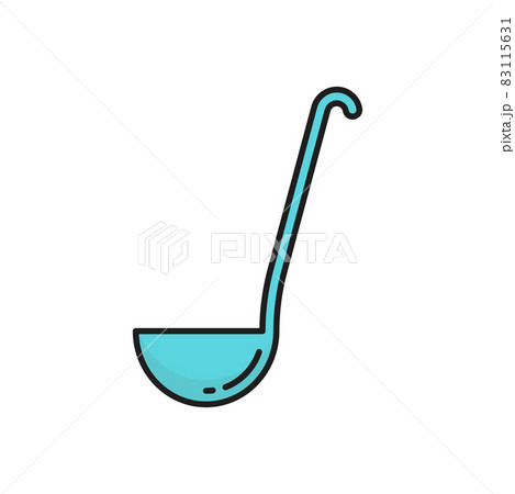 Ladle big spoon kitchenware isolated line icon. Vector blue kitchen utensil of aluminium, stainless steel, plastic ladle sign. Cooking implement instrument with long handle terminating in deep bowl 83115631