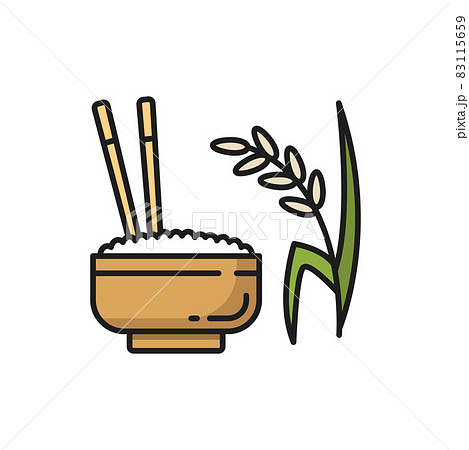 Steamed rice in bowl with chopsticks isolated color line icon. Vector cup of rice, dinner food in ceramic plate. Healthy organic eating, steamed Thailand, Korean, Chinese and Japanese cuisine dish 83115659