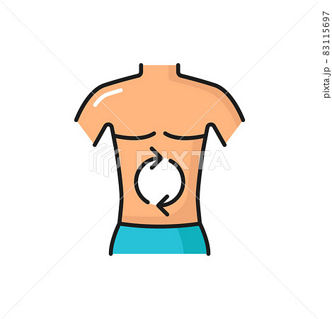 Good digestion in human body, healthcare concept isolated color line icon. Vector gastro medical drugs packaging with human torso, laxative system with rotating arrows gear box mechanics inside 83115697