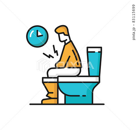 Man sitting in toilet bowl, unhappy with constipation, suffering from diarrhea, food poisoning isolated color line icon. Vector hemorrhoids, problems with stomach, long time in WC closet room 83115699
