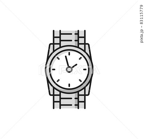 Wrist watch elegant men Swiss clock isolated flat line icon. Vector watch on metal shape silver or platinum strap belt, face with arrows, pointers or hands, ornate clock, elegant man accessory Wrist watch elegant men Swiss clock isolated flat line icon. Vector watch on metal shape silver or platinum strap belt, face with arrows, pointers or hands, ornate clock, elegant man accessory 83115779