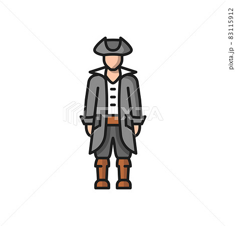 Conquistador medieval conqueror isolated flat cartoon icon. Vector traditional spanish man in national costume, broad hat, long coat and high boots. Spanish or portuguese citizen, historical cloth 83115912
