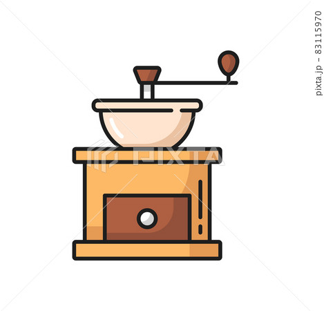 Retro coffee grinder with handle to roast beans isolated flat line icon. Vector vintage grinding machine to grind aroma cocoa beans. Kitchen utensils, barista equipment, caffeine authentic object Retro coffee grinder with handle to roast beans isolated flat line icon. Vector vintage grinding machine to grind aroma cocoa beans. Kitchen utensils, barista equipment, caffeine authentic object 83115970