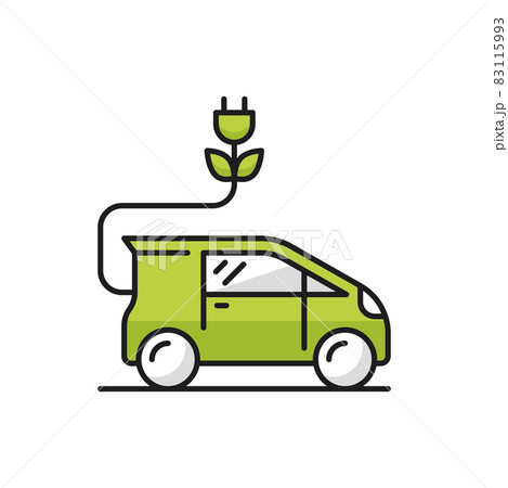 Green eco car with charge plug isolated hybrid vehicle thin line icon. Vector automobile on battery, electricity auto. Ecology and environment save transport, innovations and new technologies concept Green eco car with charge plug isolated hybrid vehicle thin line icon. Vector automobile on battery, electricity auto. Ecology and environment save transport, innovations and new technologies concept 83115993