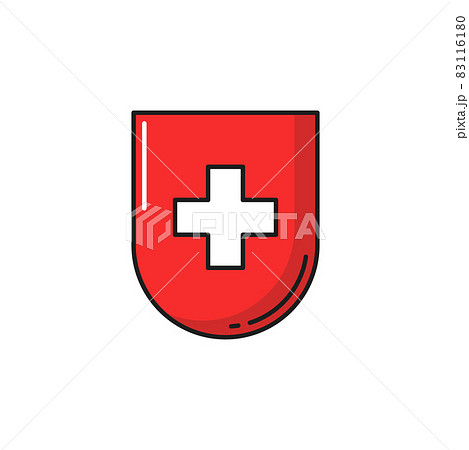 Shield with Swiss flag or cross, healthcare emblem isolated. Vector healthcare medicine cross, medical help and assistance badge, official flag. Switzerland national symbol, protection and security Shield with Swiss flag or cross, healthcare emblem isolated. Vector healthcare medicine cross, medical help and assistance badge, official flag. Switzerland national symbol, protection and security 83116180