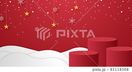 Red cylinder podium on snow with snowflakes and star hanging and snow falling, template mockup for Christmas event Red cylinder podium on snow with snowflakes and star hanging and snow falling, template mockup for Christmas event 83118308