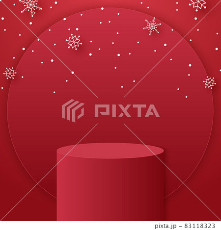 Red cylinder podium with circular shape for product background and snowflakes and snow falling, template mockup for Christmas event Red cylinder podium with circular shape for product background and snowflakes and snow falling, template mockup for Christmas event 83118323