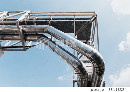 Cooling Chiller Systems or Steam Pipeline and Insulation of Manufacturing Oil and Gas Industrial, Petrochemical Distribution Pipe at Refinery Plant. HVAC Overhead Steel Pipes of Cooling Chiller System Cooling Chiller Systems or Steam Pipeline and Insulation of Manufacturing Oil and Gas Industrial, Petrochemical Distribution Pipe at Refinery Plant. HVAC Overhead Steel Pipes of Cooling Chiller System 83118324