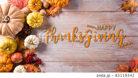 Thanksgiving and autumn composition. Pumpkin, apple,red berry and autumn leaves on dark wooden background. 83119342