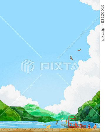 湖と山の風景手書き水彩風イラスト 83120019