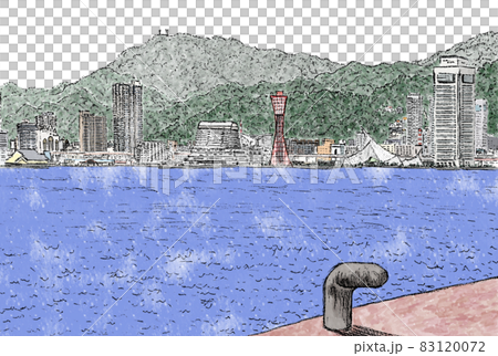 手描き風景画 海と山の風景 神戸風景(山海ビットカラー)のイラスト素材 [83120072] - PIXTA