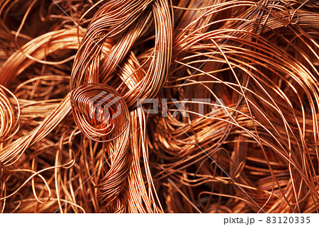 Copper wire texture background in full screen. Scrap of non-ferrous metals. Copper wire texture background in full screen. Scrap of non-ferrous metals. 83120335
