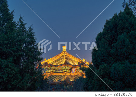 Night view of illuminated pagoda on Jingshan park hill in Beijing, China Night view of illuminated pagoda on Jingshan park hill in Beijing, China 83120576