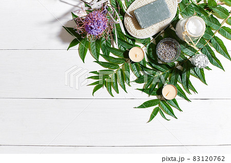 Composition of spa treatment on white wooden table with space for text. Top view Composition of spa treatment on white wooden table with space for text. Top view 83120762