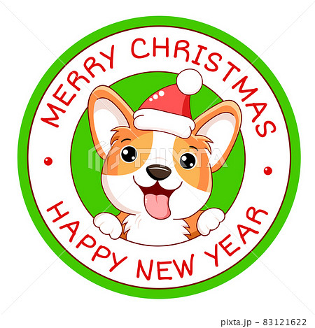 Merry Christmas round vector label. Holiday stamp, card, sticker with cute corgi 83121622