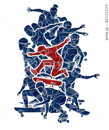Group of People Playing Skateboard Extreme Sport Action Cartoon Graphic Vector 83122225