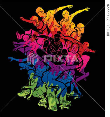 Group of People Playing Skateboard Extreme Sport Action Cartoon Graphic Vector 83122226