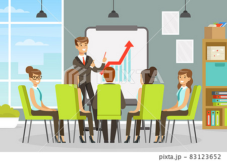 Man Character Coworker in Office Space Showing Presentation on Markerboard Vector Illustration 83123652