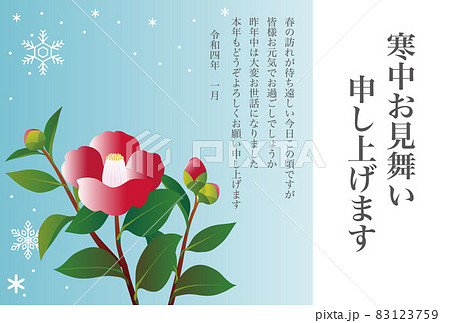 冬 寒中お見舞い 寒中見舞い 椿 つばき 雪 花 コピースペース はがき 文字入り イラスト素材 横のイラスト素材
