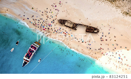 Aerial drone view of the Ionian Sea coast of Zakynthos, Greece 83124251