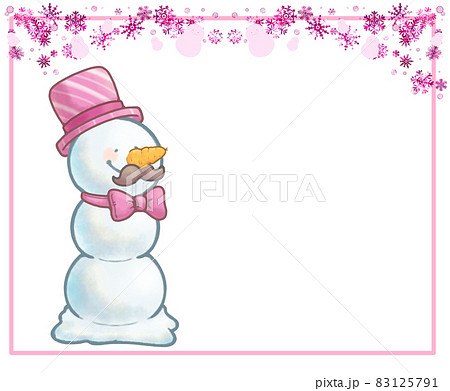 雪の結晶フレームとニンジン鼻の三段雪だるまさん　シルクハット　ピンクver 83125791