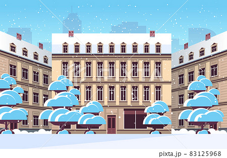 winter city street with modern houses exterior urban buildings facade horizontal cityscape 83125968