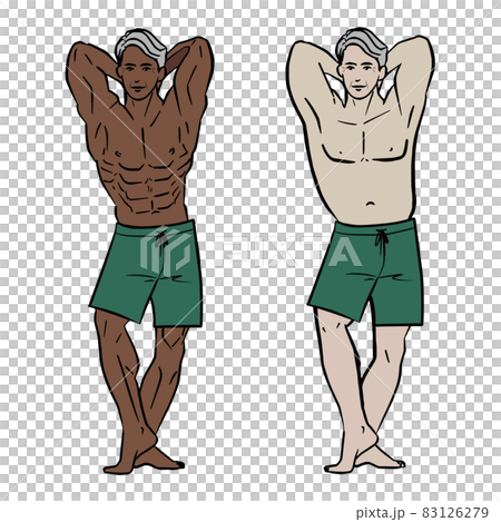 Asian romance gray man in bodybuilding pose, abdominal and rhino shorts 83126279