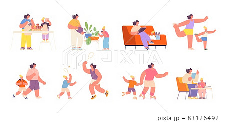 Motherhood. Baby mother, parent cook with daughter. Happy woman play with child, family doing sport, reading, cooking and walking, utter vector set 83126492