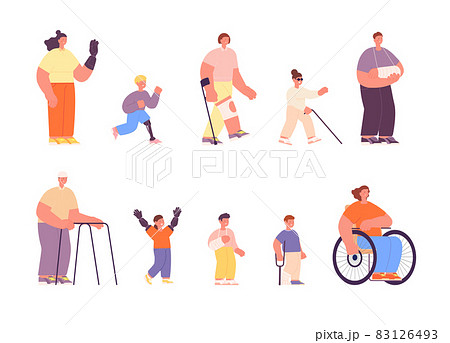 Disability person. Disabled work student, disabilities children and adults. Injury people group, isolated cartoon young handicap man utter vector set 83126493