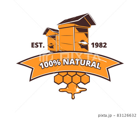 Dripping honey and hive logo. Vintage beekeeper emblem, isolated rural market. New harves jar sticker for sweet dessert vector element Dripping honey and hive logo. Vintage beekeeper emblem, isolated rural market. New harves jar sticker for sweet dessert vector element 83126632