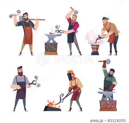 Blacksmith characters. Medieval workers making knife swords helmets armors from steel hammer workshop foundry work exact vector illustrations 83128203