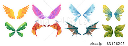 Mythology wings. Fantasy flying creatures monsters medieval fairy tale dragons or birds body parts big colored wings exact vector cartoon collection 83128205
