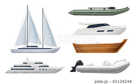 Sailing boats. Ocean transportation ship yacht for travellers decent vector realistic pictures of boats 83128248