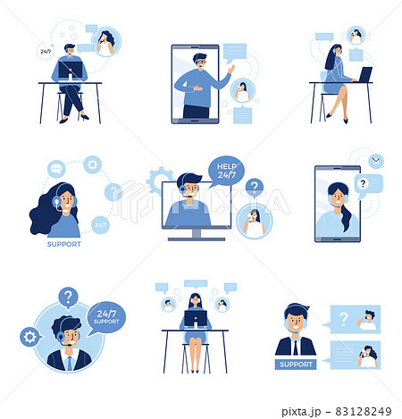 Phone talk persons. Customers service dialogue service center distance speaking helping clients recent vector flat characters pictures Phone talk persons. Customers service dialogue service center distance speaking helping clients recent vector flat characters pictures 83128249