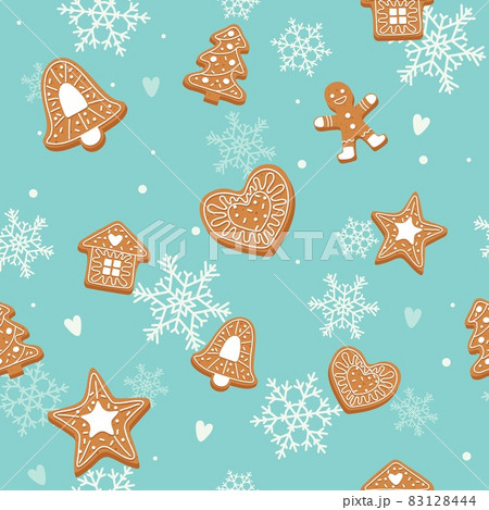 Gingerbread pattern, christmas backgroung with cute gingerbread cookies. Vector illustration 83128444
