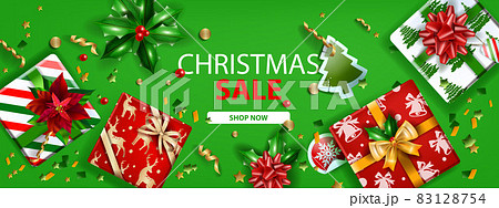 Christmas holiday sale banner, vector winter green discount web landing page, top view gift box, bow 83128754