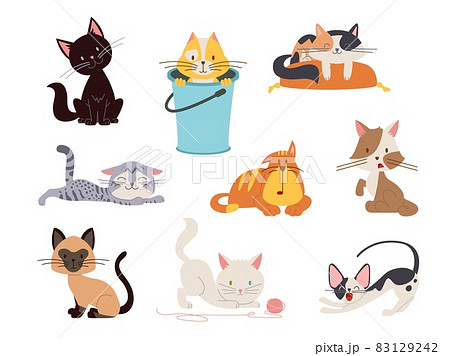 Cute cat characters. Drawing cats, isolated lovely pets. Cartoon flat kitten play and sleep. Animal stickers, simple funny emotional classy vector character 83129242