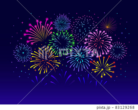 Color fireworks banner. Firework decoration, abstract red green yellow blue pyrotechnics show. Winter holiday, new year party tidy vector background 83129268
