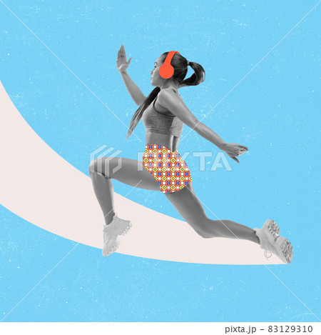 Modern design, contemporary art collage. Inspiration, idea, trendy magazine style. Sport. Professional female runner, jogger on blue background. 83129310