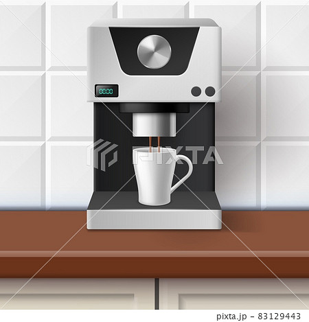 Realistic coffee machine. Household appliance pours caffeine drink into ceramic mug. Automatic espresso maker on kitchen table. Electronic equipment for cappuccino preparing. Vector concept Realistic coffee machine. Household appliance pours caffeine drink into ceramic mug. Automatic espresso maker on kitchen table. Electronic equipment for cappuccino preparing. Vector concept 83129443