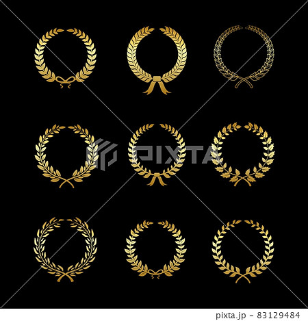 Laurels gold wreaths. Golden branches with leaf silhouette in circle form, foliate and wheat, oak and wreath. Heraldic trophy, champion awards logo, victory design elements, vector isolated set 83129484