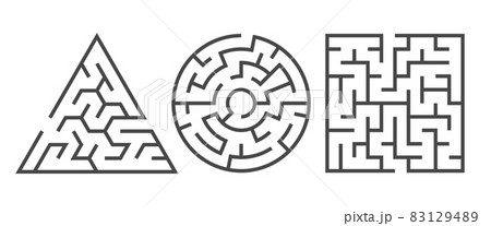 Labyrinth. Maze game in different graphic shapes. Black line abstract drawing, circle square and triangle form, kids and adult brain training logic games. Logo template. Vector isolated set 83129489