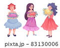 Women with bouquets of flowers, characters in full growth on a white background. Vector drawing 83130006