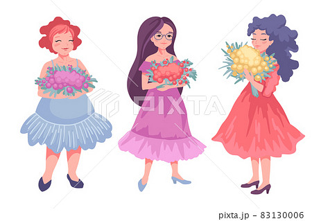 Women with bouquets of flowers, characters in full growth on a white background. Vector drawing Women with bouquets of flowers, characters in full growth on a white background. Vector drawing 83130006