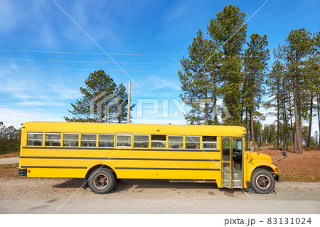 School bus parked at the side of a country road, South Dakota, USA. 83131024